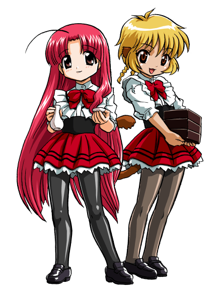 2girls, ahoge, bandabekken, black_shoes, blonde_hair, bow, bowtie, box
