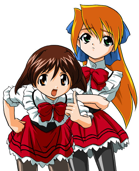 2girls, averting_eyes, bandabekken, blonde_hair, blue_bow, bow, bowtie, bronze_parrot