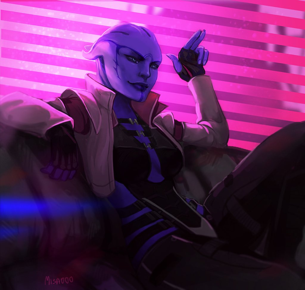 1girl, alien, aria_t'loak, asari_(mass_effect), black_gloves, breasts, colored_skin, cropped_jacket