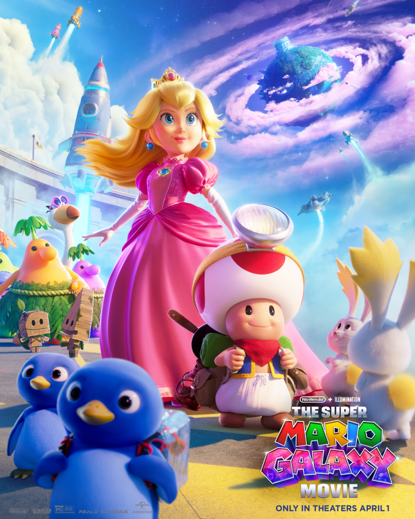 1boy, 1girl, animal_ears, bird, blonde_hair, blue_eyes, commentary, company_name, conkdor, copyright_name, crown, dress, earrings, elbow_gloves, english_commentary, full_body, gloves, highres, jewelry, long_hair, movie_poster_(medium), multiple_others, official_art, penguin, penguin_(mario), pianta, pink_dress, princess_peach, rabbit, rabbit_ears, red_toad_(mario), smile, sphere_earrings, star_bunny, super_mario_bros., the_super_mario_galaxy_movie, toad_(mario), white_gloves, whittle_(super_mario_galaxy_2)