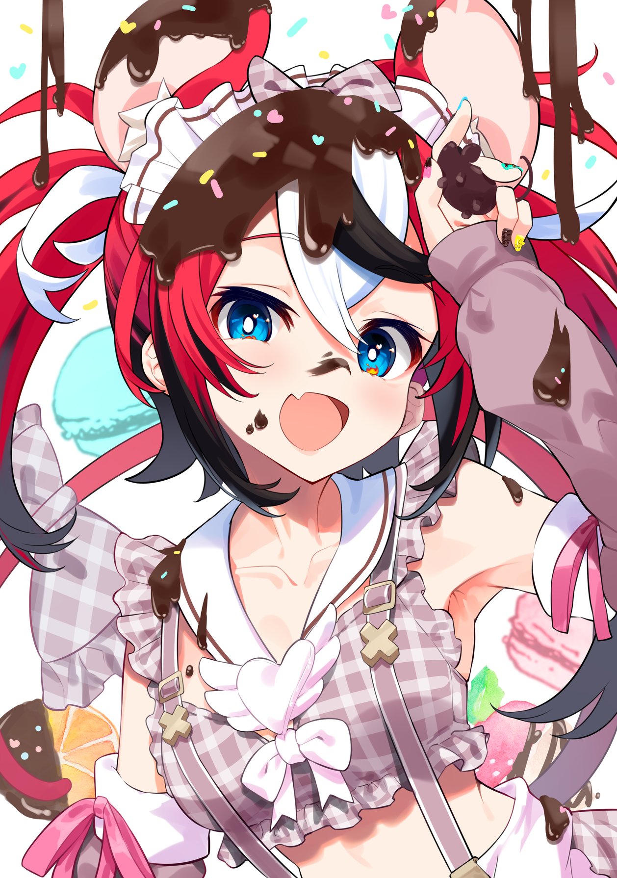 1girl, :d, alternate_costume, animal_ears, armpits, black_hair, black_streaks, blue_eyes