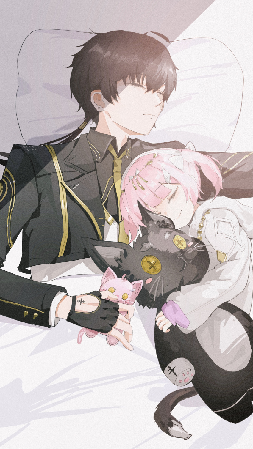 1boy, 1girl, absurdres, adoptive_parent_and_adoptive_child, aemeath_(wuthering_waves), black_gloves, black_hair, black_jacket