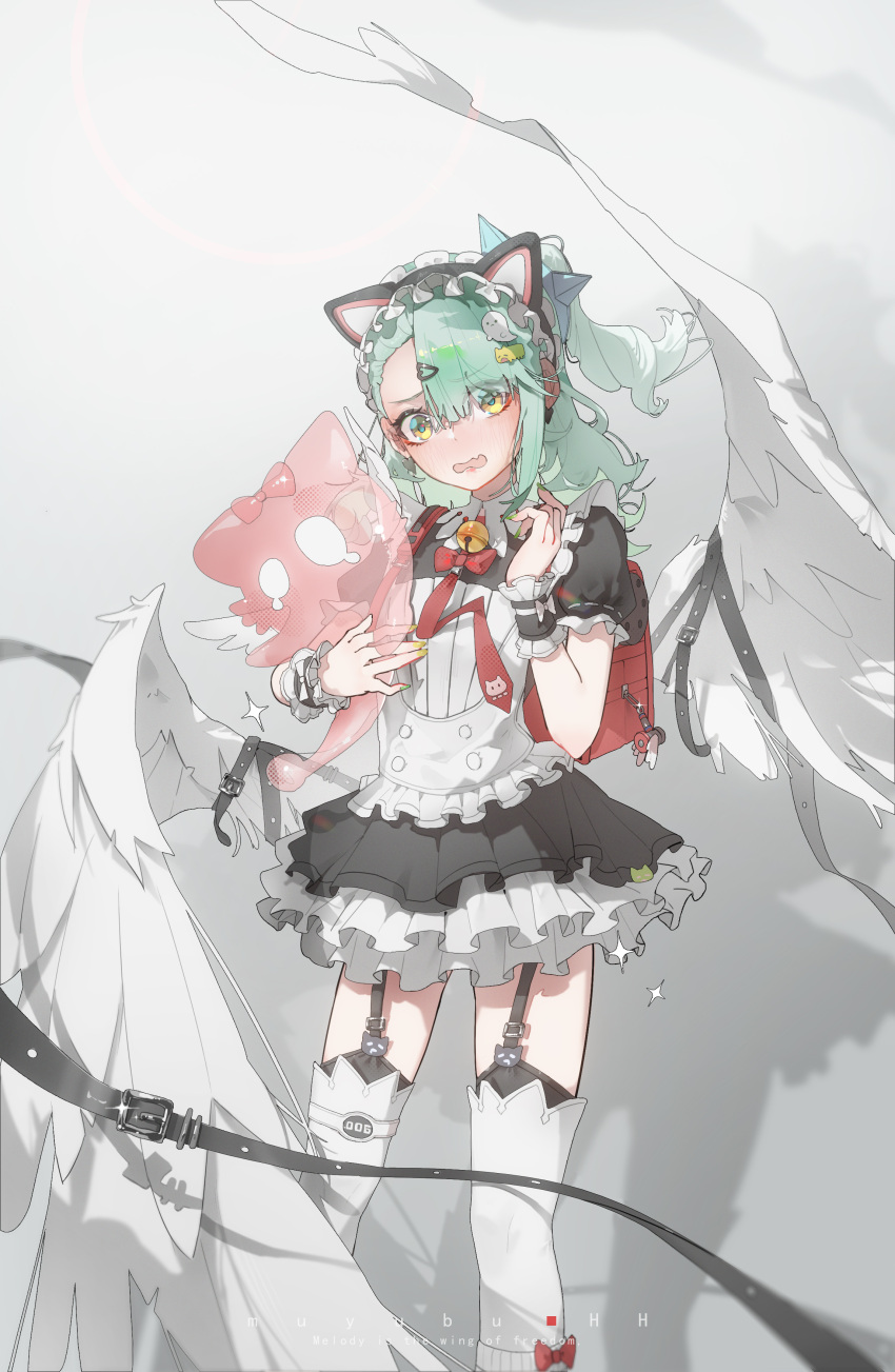 1girl, absurdres, animal_ear_hairband, animal_ears, bell, black_dress, black_garter_straps, blush