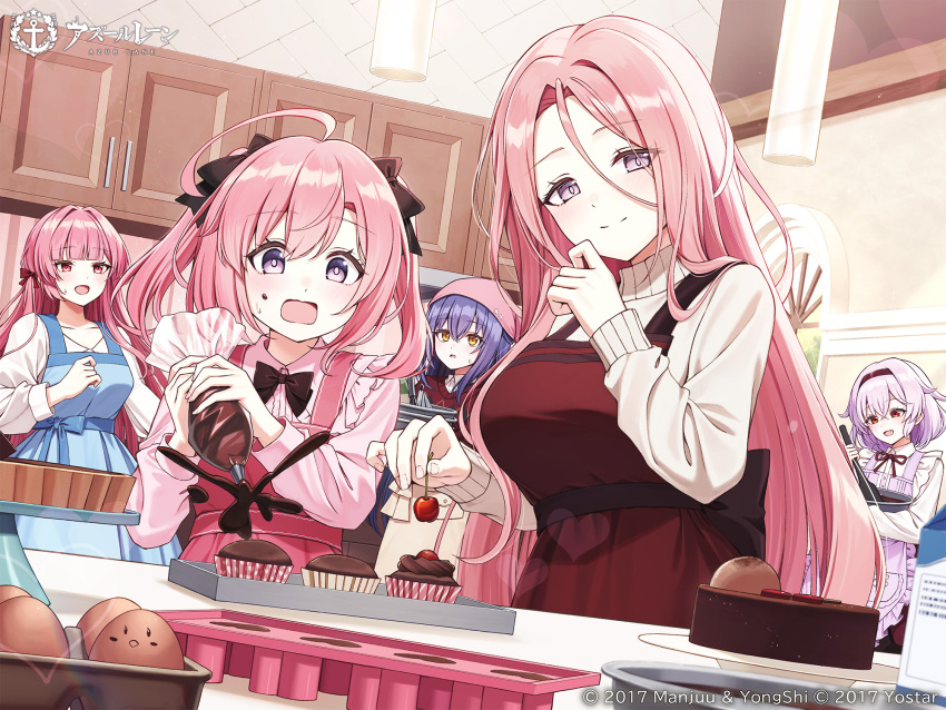 5girls, ahoge, apron, artist_request, aylwin_(azur_lane), azur_lane, black_bow, black_bowtie