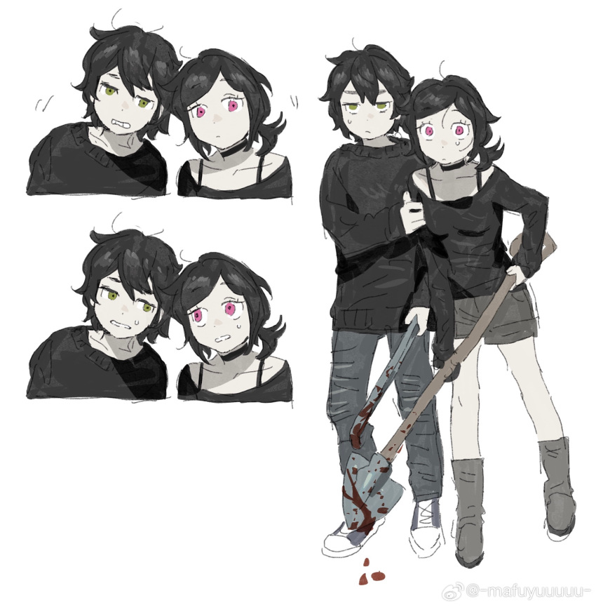 1boy, 1girl, andrew_graves, ankle_boots, ashley_graves, black_choker, black_hair, black_shirt