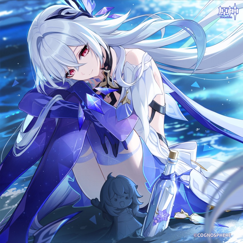 1girl, absurdres, bottle, character_doll, closed_mouth, floating_hair, genshin_impact, hair_intakes