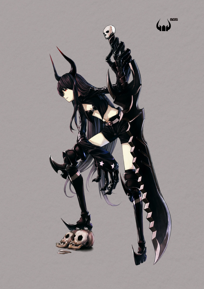 absurdres, armor, bikini_top, black_gold_saw, black_hair, black_rock_shooter, bolero, boots, cropped_jacket, highres, horns, huge_weapon, long_hair, midriff, navel, primrose, red_eyes, shorts, simple_background, skull, sleeves_past_wrists, solo, star, sword, thigh_boots, thighhighs, very_long_hair, weapon
