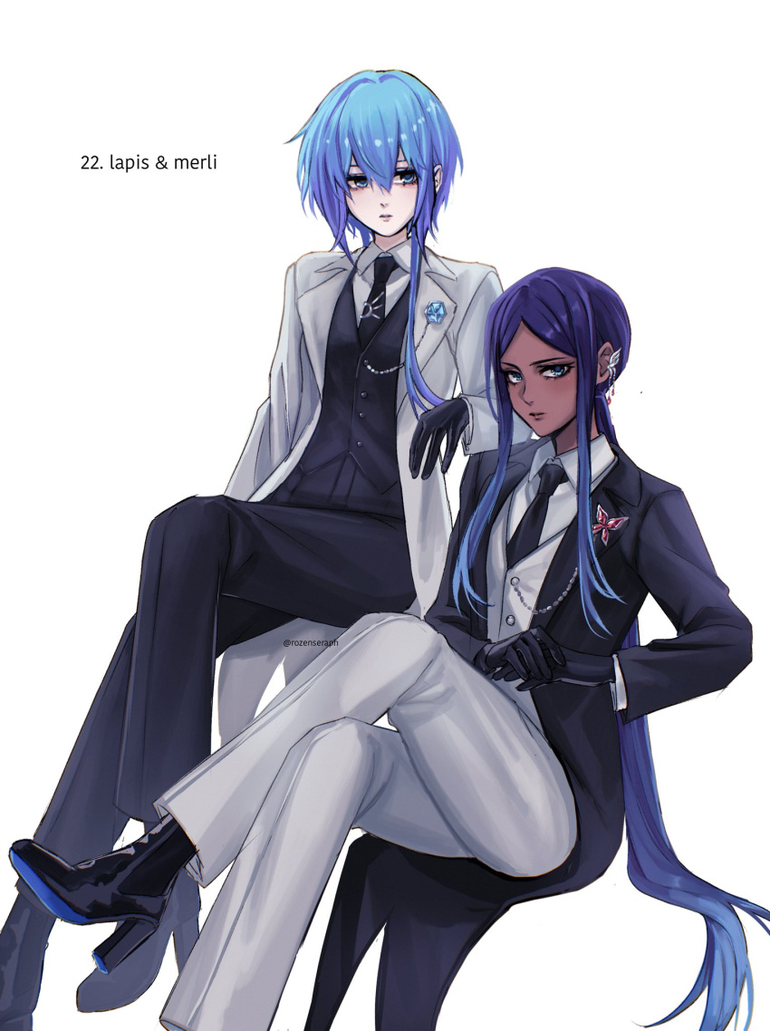2girls, aoki_lapis, arm_on_another's_shoulder, black_boots, black_gloves, black_jacket, black_necktie, black_pants