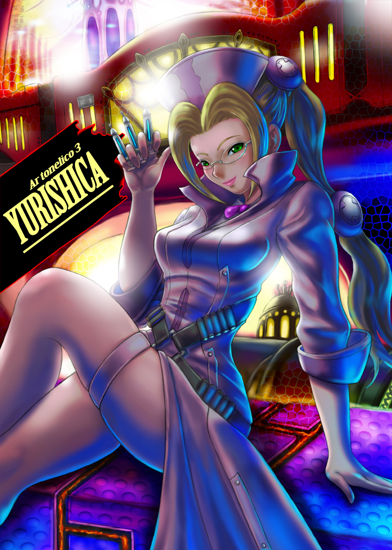 ar_tonelico_iii, bandolier, blonde_hair, boken_fantasy, breasts, glasses, green_eyes, gust