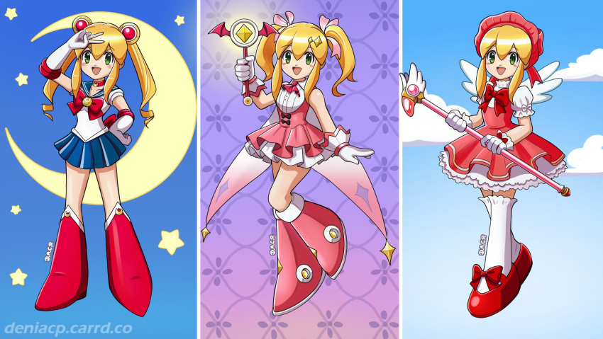 1girl, :d, android, armored_boots, bare_shoulders, bishoujo_senshi_sailor_moon, blonde_hair, blue_skirt