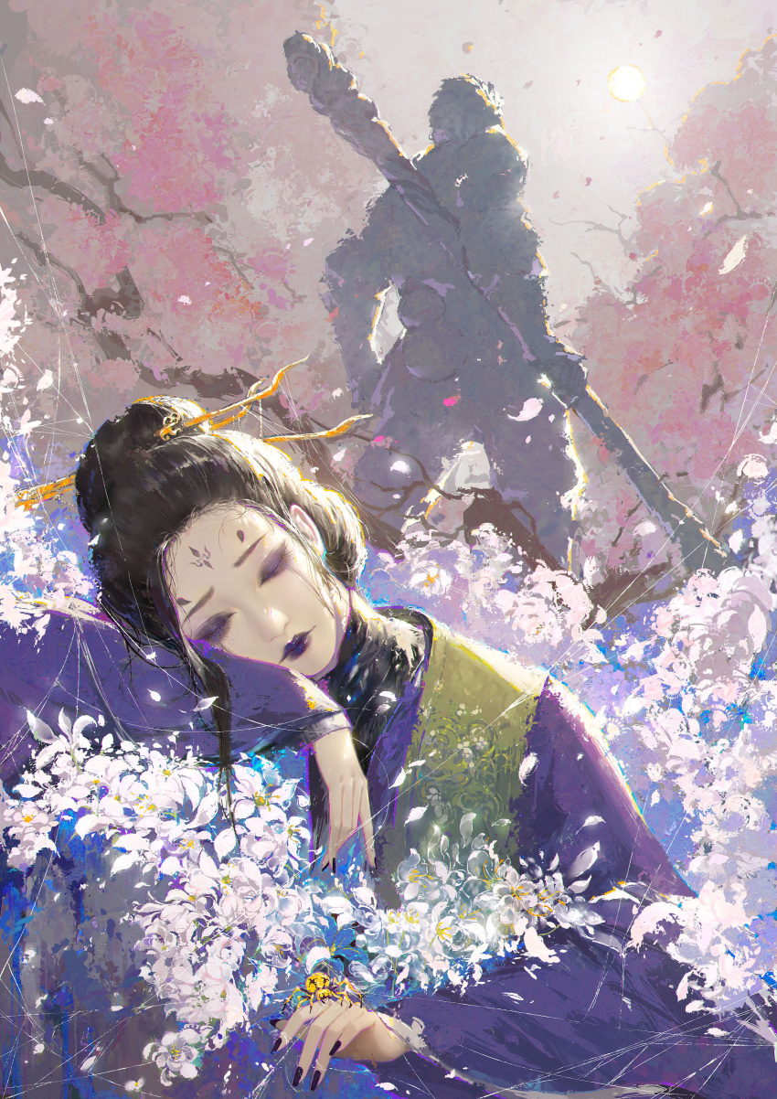 1boy, 1girl, absurdres, black_hair, black_myth:_wukong, cgshuchai, closed_eyes, commentary_request