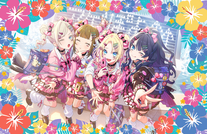 4girls, :d, :t, ;q, animal_print, badge, bag, black_cardigan