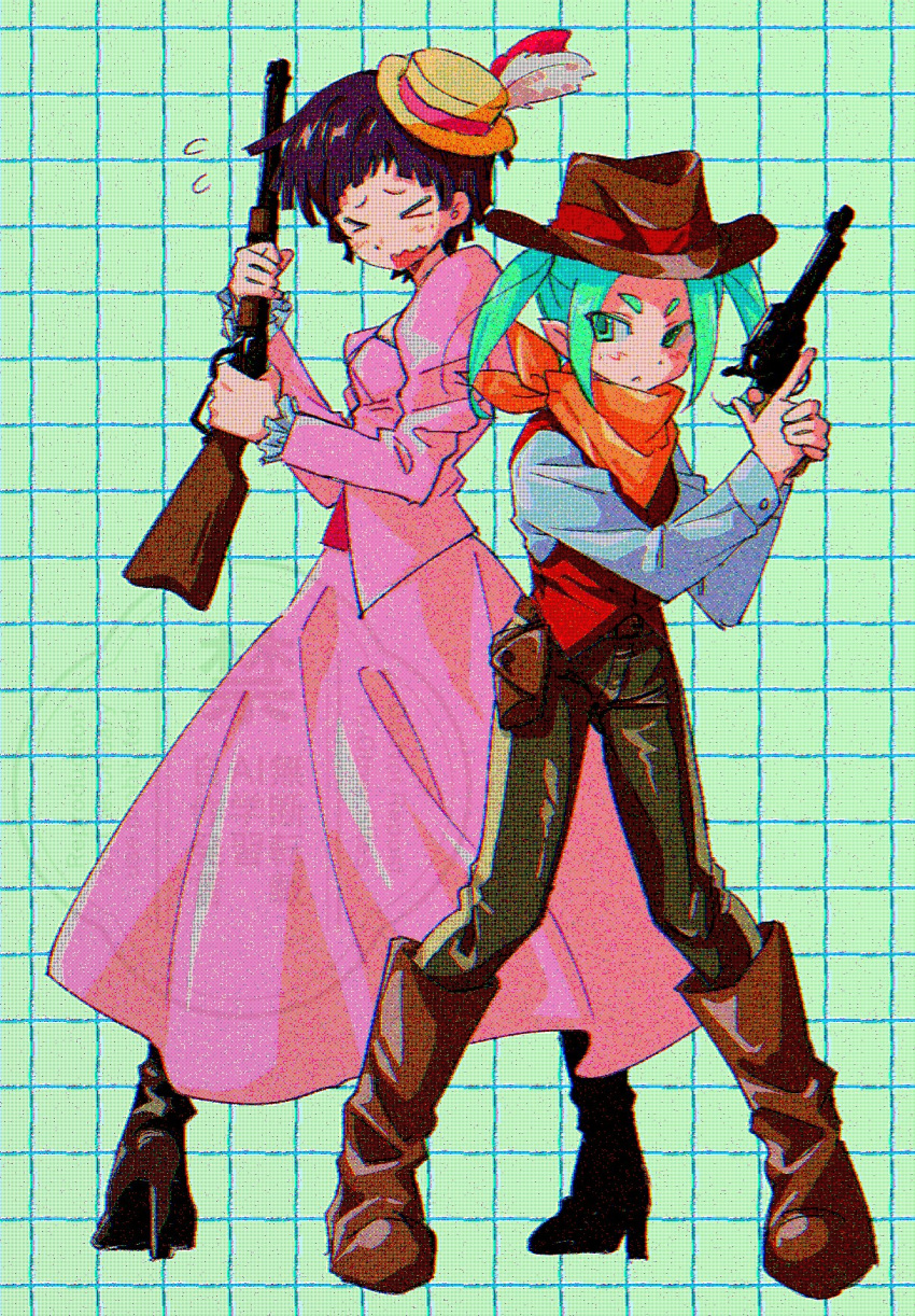 >_<, 2girls, alternate_costume, aqua_eyes, aqua_hair, bandana, bandana_around_neck, belt_pouch, black_shoes, boots, breasts, brown_boots, brown_hair, brown_hat, closed_eyes, commentary_request, cowboy_hat, cowgirl_(western), current_nadeko, dress, full_body, green_background, grey_pants, grid_background, gun, hat, hat_feather, high_heels, highres, holding, holding_gun, holding_weapon, legs_apart, long_dress, long_sleeves, looking_to_the_side, minooo_zz, monogatari_(series), multiple_girls, nademonogatari, ononoki_yotsugi, orange_bandana, pants, partial_commentary, pink_dress, pouch, red_vest, revolver, sengoku_nadeko, shoes, short_hair, shotgun, small_breasts, standing, translation_request, twintails, vest, watermark, wavy_mouth, weapon