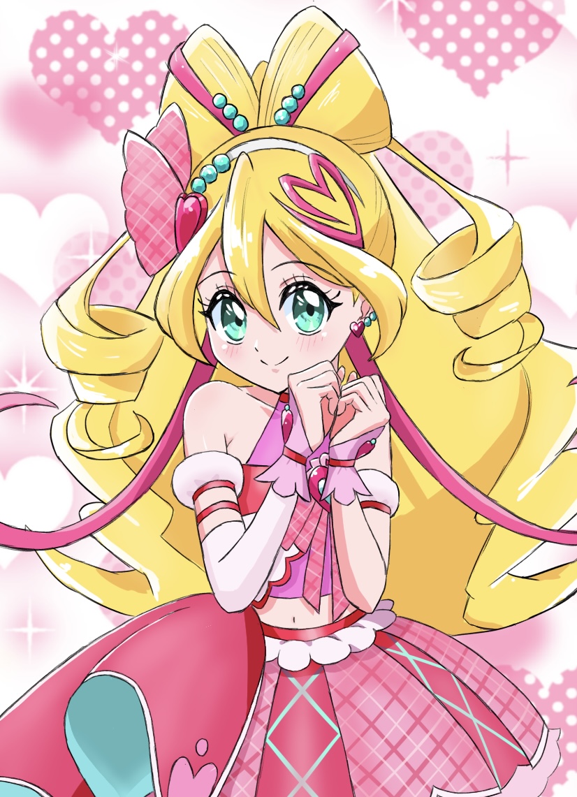 1girl, asymmetrical_gloves, blonde_hair, blue_eyes, brooch, closed_mouth, commentary, cropped_shirt