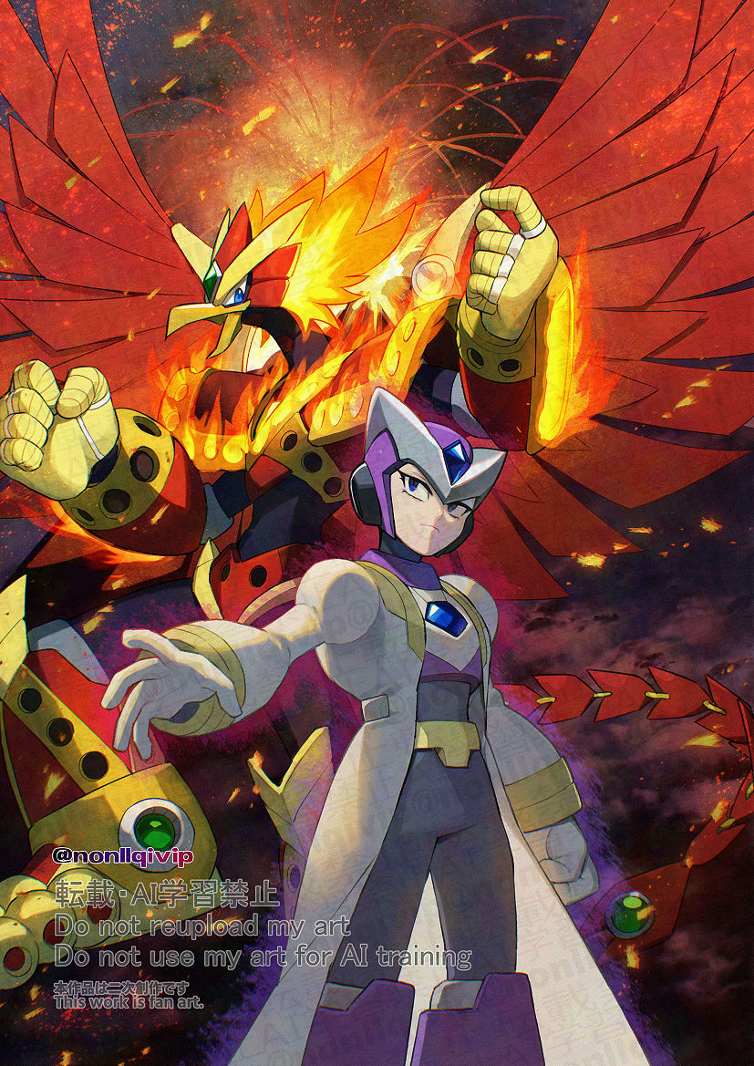 2boys, android, armor, beak, blaze_heatnix_(mega_man), blue_eyes, chest_jewel, clenched_hand