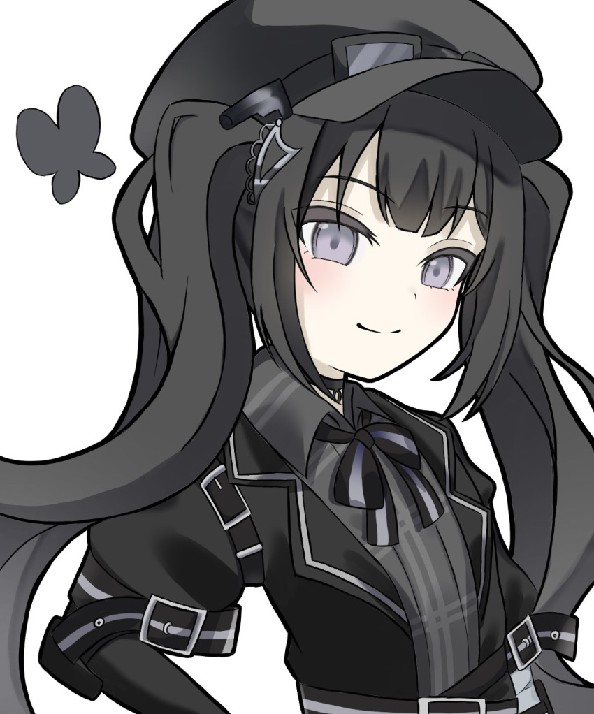 1girl, belt, belt_buckle, black_belt, black_butterfly, black_choker, black_hair, black_hat