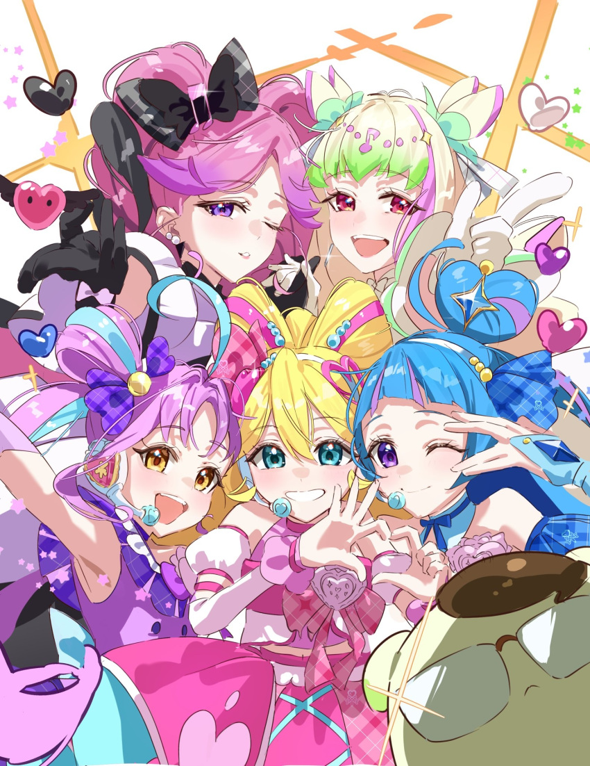 5girls, :d, ;), ahoge, aokaze_nana, arm_up, beamed_eighth_notes, black_gloves