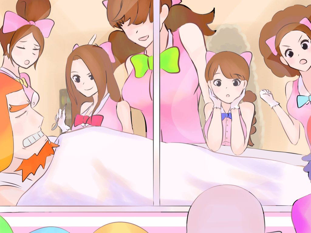 afro, blue_bow, bow, brown_hair, charlotte_akimeg, charlotte_allmeg, charlotte_fuyumeg, charlotte_harumeg