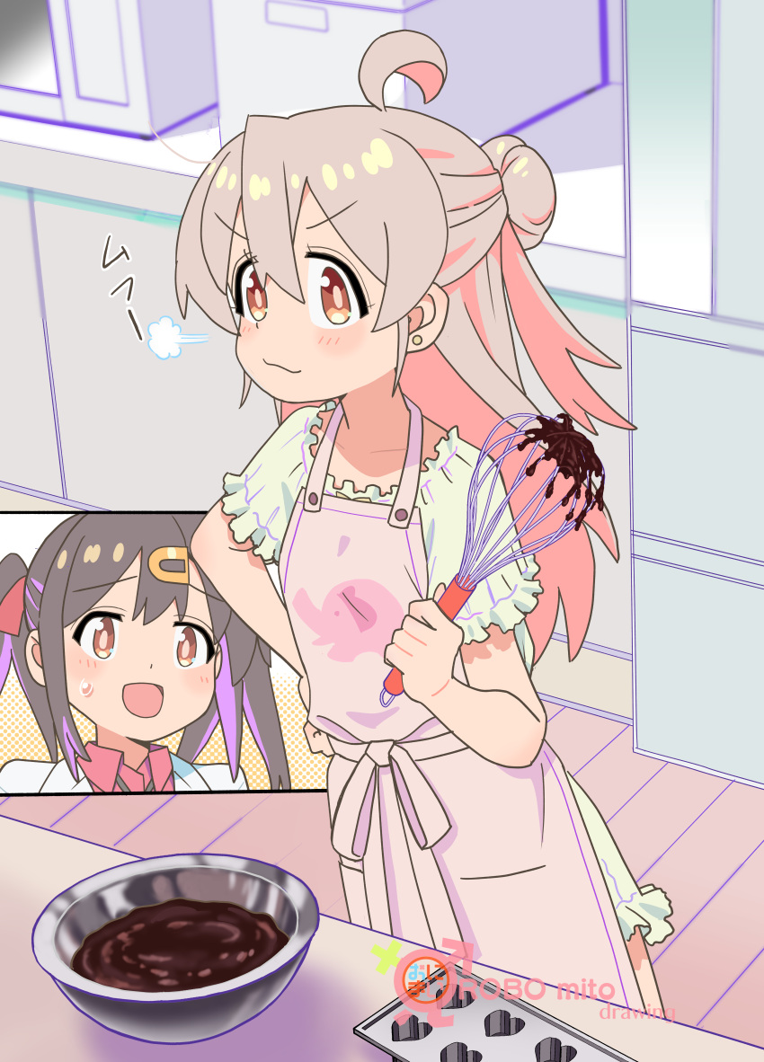 2girls, :d, absurdres, ahoge, apron, artist_name, bare_shoulders, black_hair