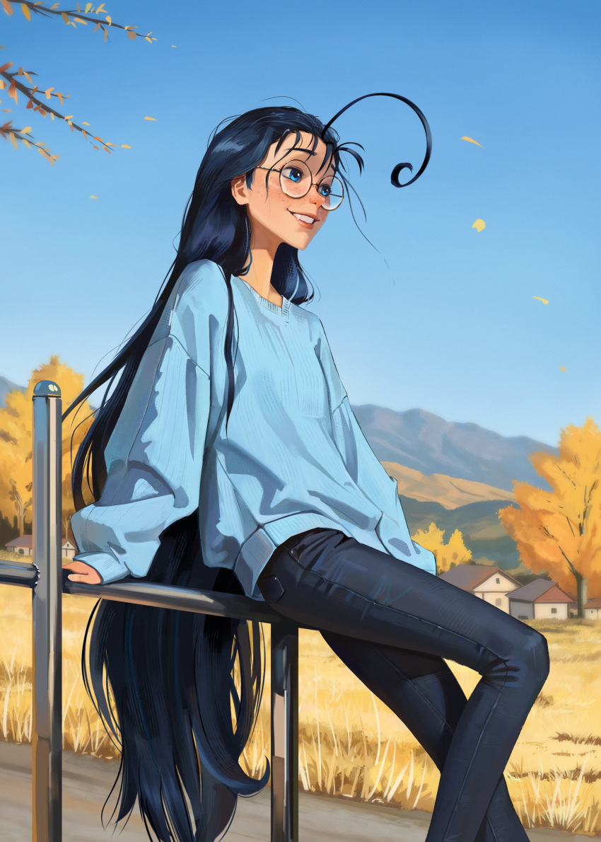 1girl, absurdres, ahoge, alternate_costume, autumn, black_hair, blue_eyes, blue_shirt