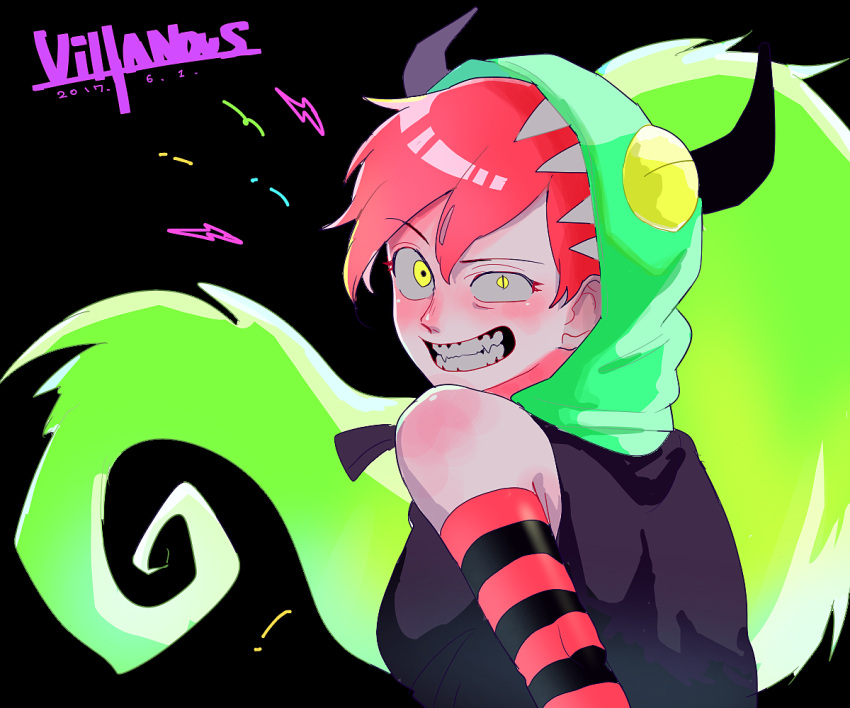 1girl, animal_hood, black_background, black_shirt, clenched_teeth, commentary_request, copyright_name, dated
