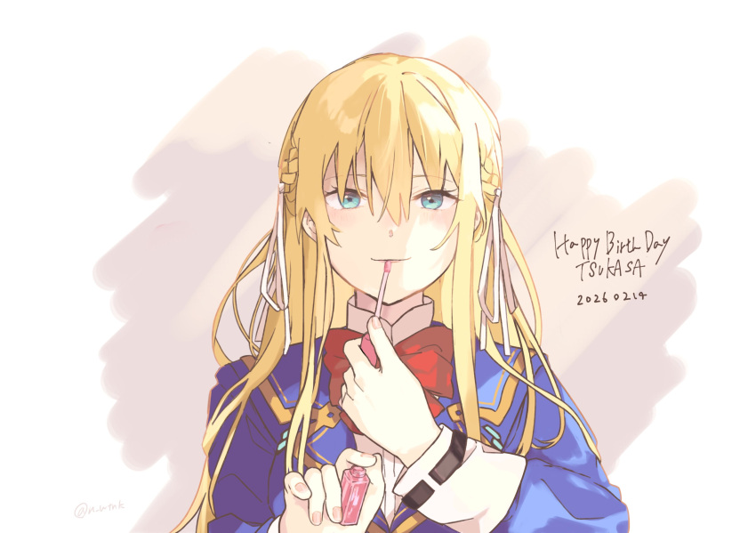 1girl, applying_lipgloss, blonde_hair, blue_eyes, blue_jacket, bow, bowtie, commentary