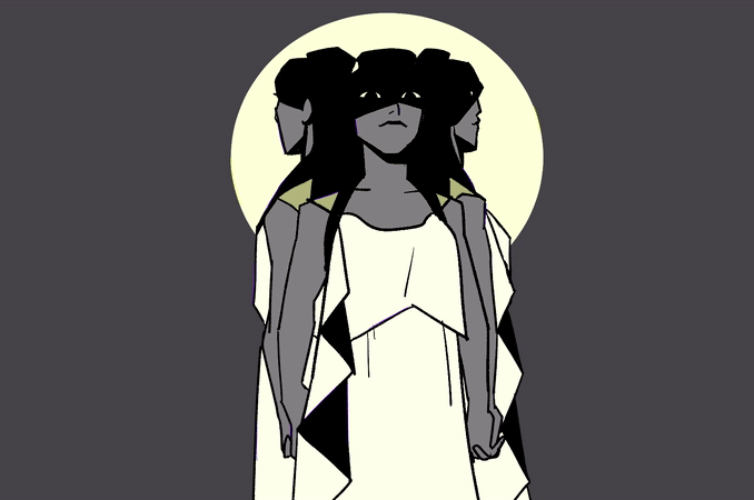 3girls, animated, animated_gif, commentary, crescent_moon, dark-skinned_female, dark_skin, domino_mask, dress, eye_mask, full_body, greek_mythology, greyscale, hecate_(mythology), holding_hands, interlocked_fingers, looping_animation, mask, monochrome, moon, multiple_girls, multiple_persona, sixofclovers, spot_color, white_dress