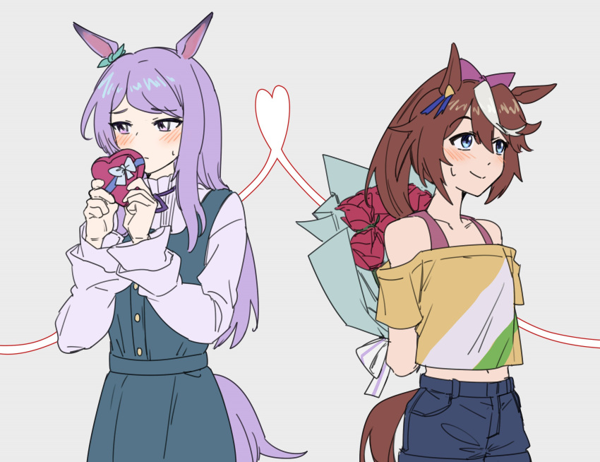 2girls, animal_ears, blue_dress, blue_eyes, blush, bouquet, box, brown_hair