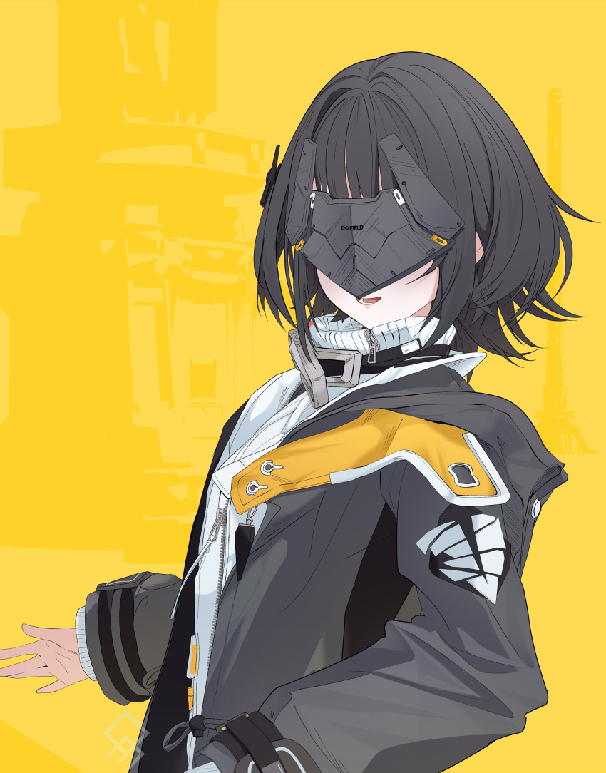 1girl, absurdres, arknights, arknights:_endfield, black_coat, black_hair, black_mask, coat, commentary, endministrator_(arknights), facing_to_the_side, facing_viewer, female_endministrator_(arknights), from_side, grey_sweater, hashtag-only_commentary, highres, long_sleeves, medium_hair, open_clothes, open_coat, open_mouth, qurami, ribbed_sweater, solo, sweater, turtleneck, turtleneck_sweater, upper_body, yellow_background