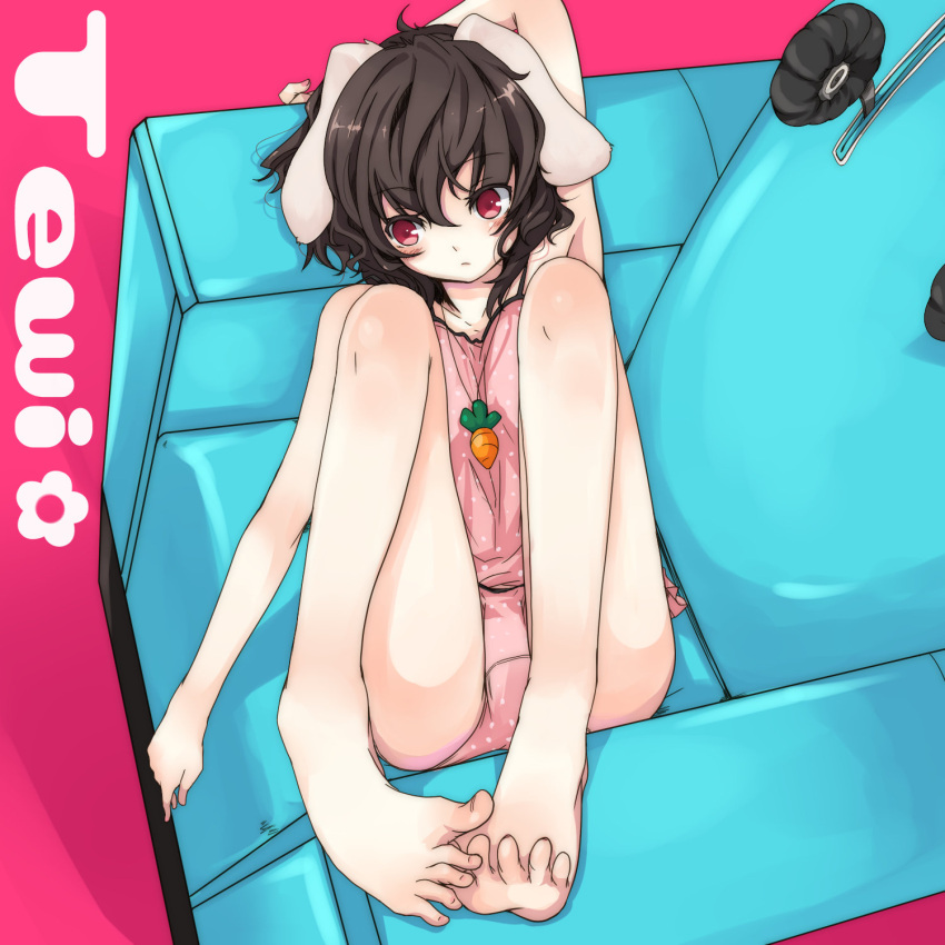 alternate_costume, arm_up, armpits, bad_feet, bare_shoulders, barefoot, black_hair, blush