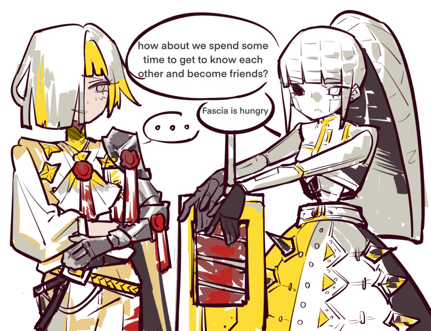 ..., 2girls, absurdres, albina_(project_moon), black_gloves, blonde_hair, cyborg, english_text, gloves, grey_eyes, highres, kongtiao1111111, kromer_(project_moon), limbus_company, multiple_girls, open_mouth, project_moon, purity_seal, simple_background, smirk, speech_bubble, sword, weapon, white_background, white_hair