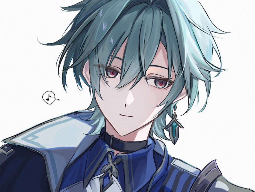 1boy, 1t0d4, blue_hair, blue_shirt, closed_mouth, collared_shirt, commentary_request, curtained_hair, earrings, genshin_impact, hair_between_eyes, highres, jewelry, light_smile, lohen_(genshin_impact), looking_to_the_side, male_focus, musical_note, piercing, shirt, sideways_glance, simple_background, single_earring, solo, spoken_musical_note, white_background, wing_collar