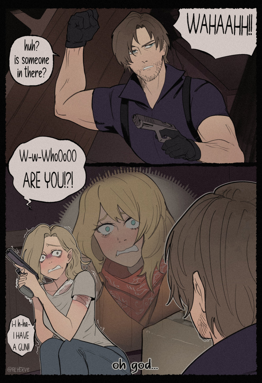 1boy, 1girl, absurdres, alyerve, ashley_graham, bandages, beard_stubble, blood