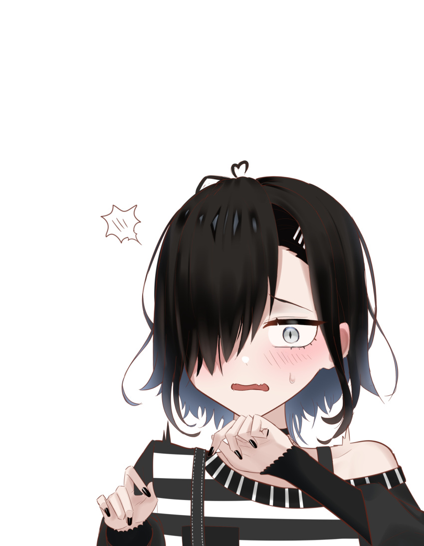 1girl, absurdres, ahoge, black_hair, black_nails, black_shirt, blush, chisato_(hentai_prison)