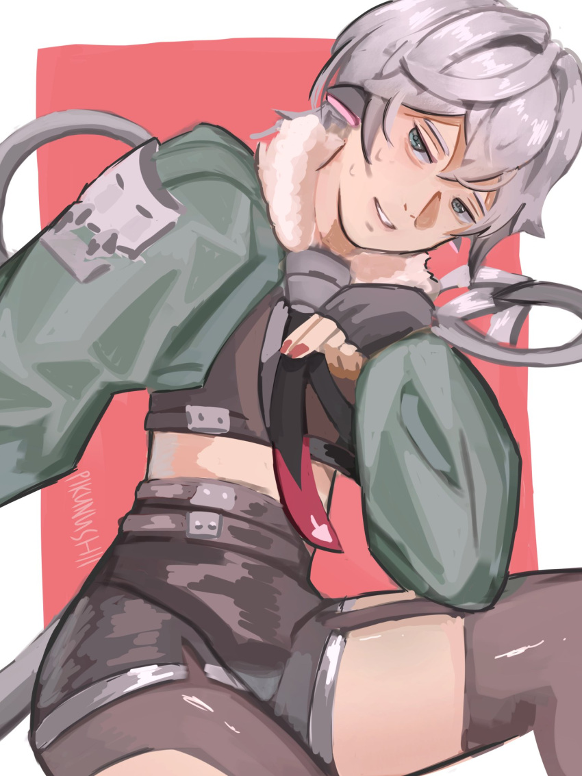 animal_ears, border, cosplay, garter_straps, green_eyes, green_jacket, grey_hair, highres