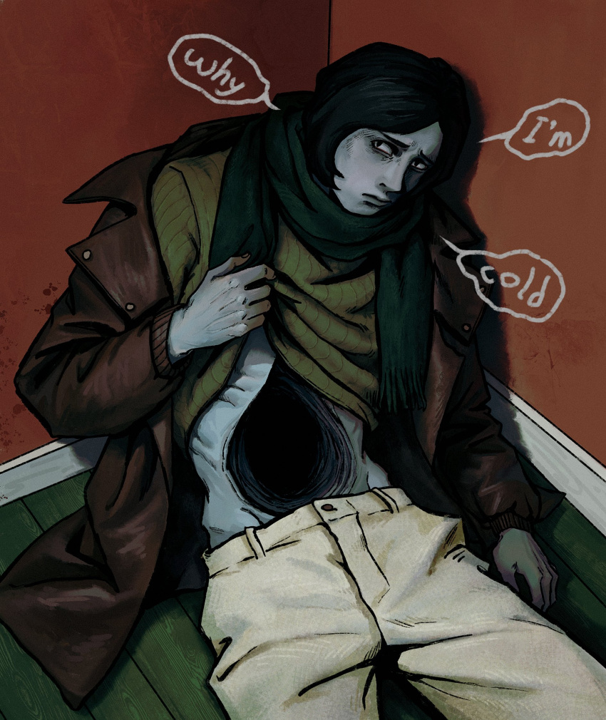 1boy, against_wall, black_eyes, black_hair, brown_coat, closed_mouth, clothes_lift, coat