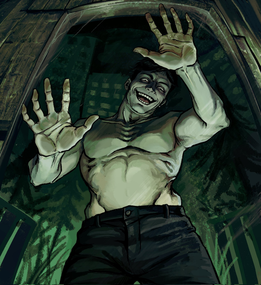 1boy, against_glass, black_eyes, black_hair, black_pants, cowboy_shot, emaciated, evil_smile