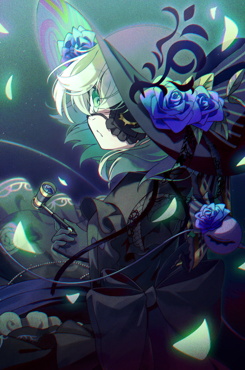 1girl, absurdres, beads, black_bow, black_dress, black_gloves, black_hat, blue_flower