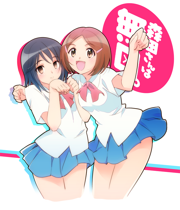 2girls, black_hair, blush, brown_eyes, brown_hair, empty_eyes, hair_ornament, hairclip