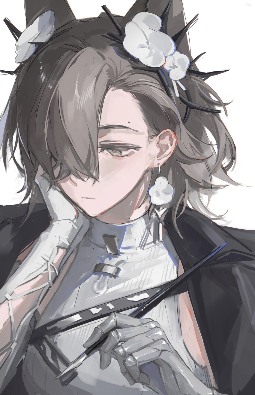 1girl, absurdres, animal_ears, arknights, asymmetrical_gloves, birthmark, black_jacket, brown_eyes, commentary, earrings, extra_ears, flower, gauntlets, gloves, hair_flower, hair_ornament, hair_over_one_eye, highres, holding, holding_pen, jacket, jewelry, mismatched_gloves, nib_pen_(object), pen, penance_(arknights), phyriaxi, portrait, simple_background, single_gauntlet, sleeveless, sleeveless_sweater, sleeveless_turtleneck, solo, sweater, turtleneck, turtleneck_sweater, white_background, white_gloves, white_sweater, wolf_girl