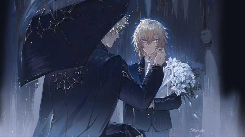 2boys, aged_down, alternate_costume, arm_tattoo, black_jacket, black_pants, blonde_hair, bouquet