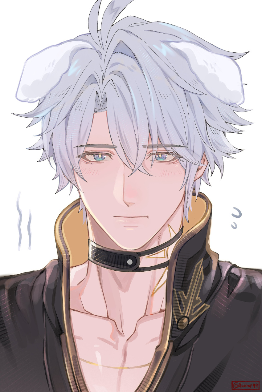 1boy, absurdres, animal_ears, black_choker, black_shirt, blue_eyes, choker, closed_mouth