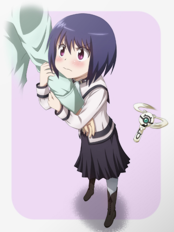 :<, blue_hair, blush, boots, frown, full_body, fusion, kagesaki-ice