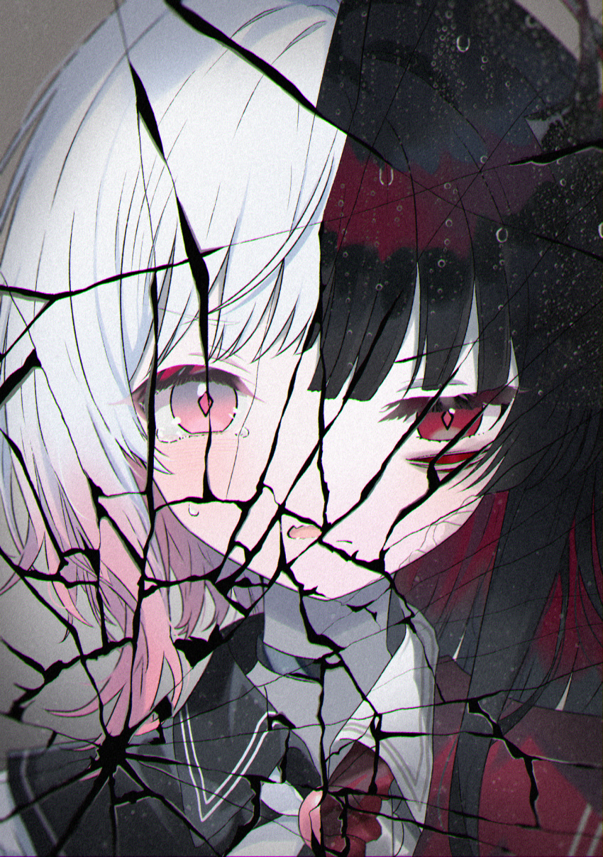 2girls, amiamzk827, black_choker, black_hair, black_horns, choker, commentary_request, crack