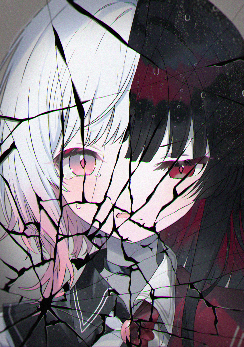 2girls, amiamzk827, black_choker, black_hair, choker, commentary_request, crack, cracked_glass