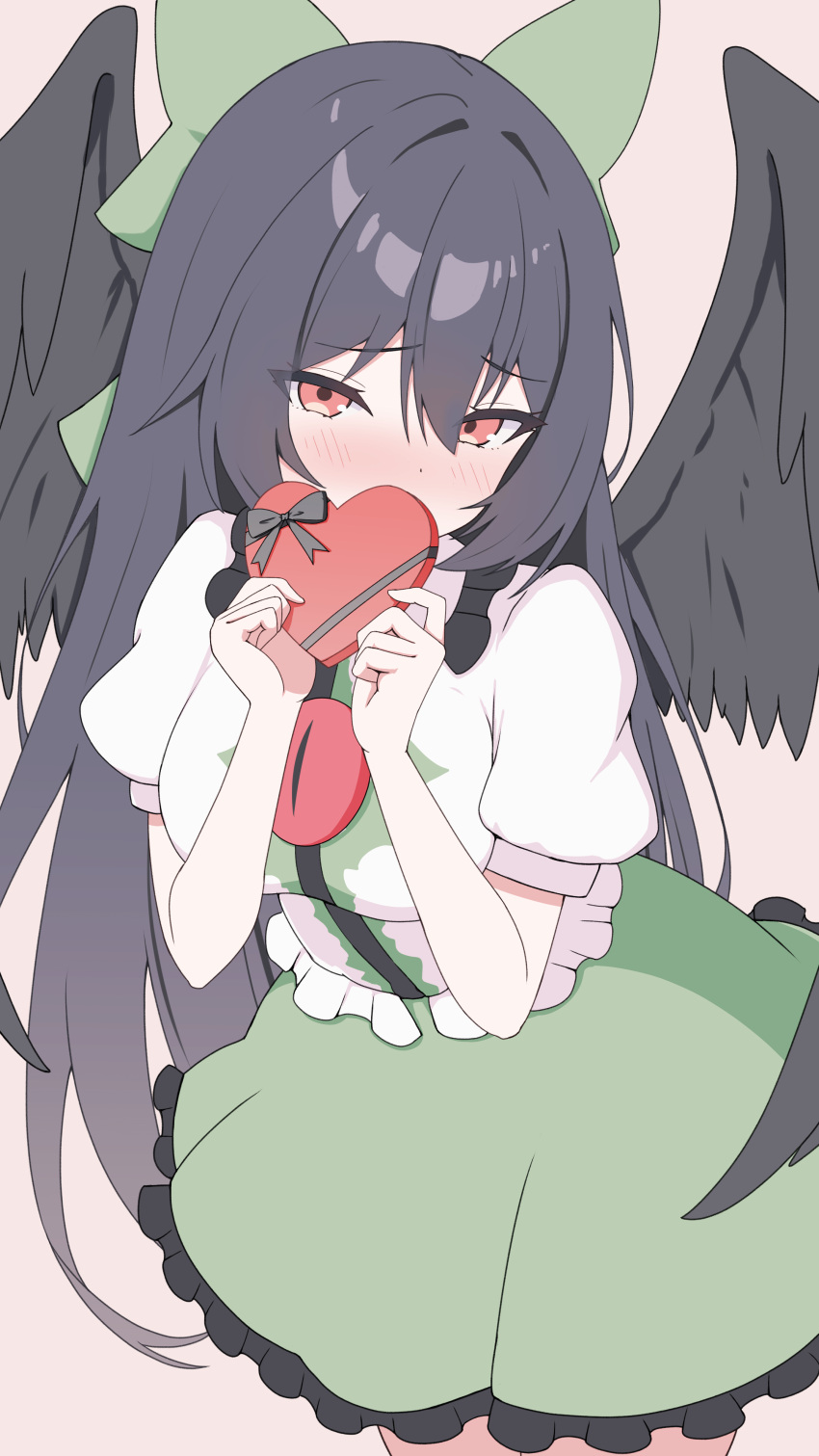 1girl, absurdres, bird_wings, black_hair, black_wings, blush, bow, box