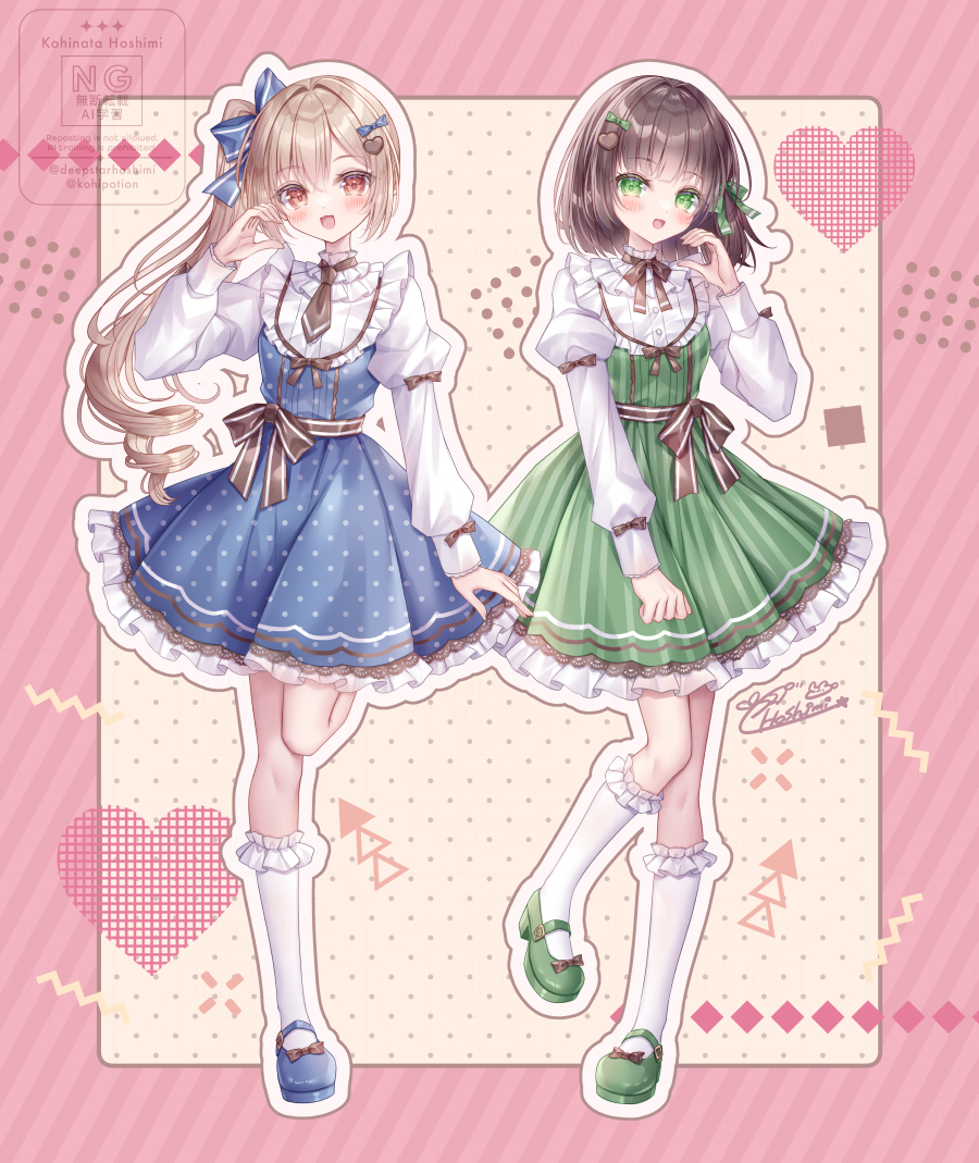 2girls, :d, blonde_hair, blue_dress, blue_shoes, blush, border, boude_miu