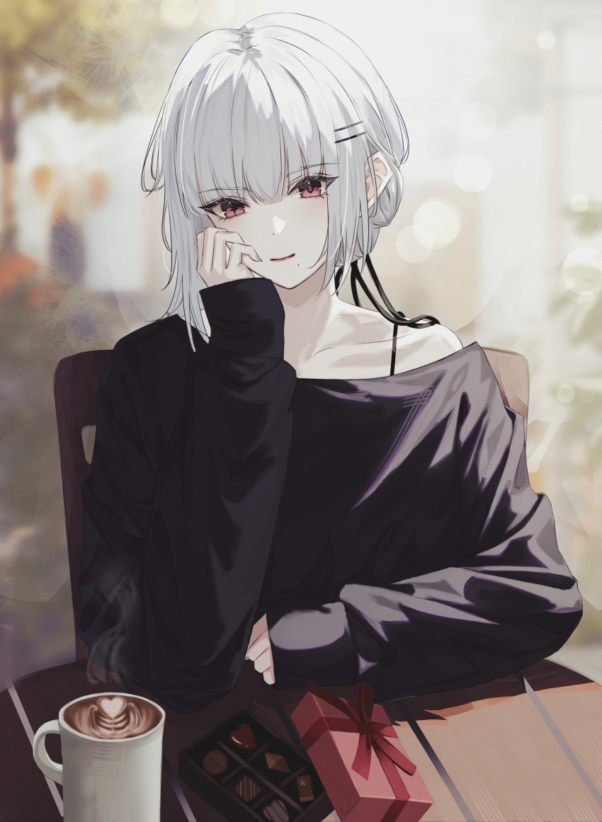 1girl, absurdres, alternate_costume, black_ribbon, black_shirt, blurry, blurry_background, celly_(mogmog_99)