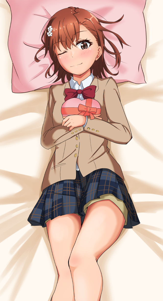 1girl, ;), asymmetrical_bangs, bed_sheet, blazer, bow, bowtie, box
