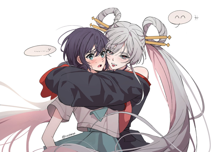 ..., 2girls, black_kimono, blue_skirt, blush, cho_kaguya-hime!, commentary_request, cowboy_shot, green_eyes, grey_hair, highres, hug, japanese_clothes, kimono, korean_commentary, long_hair, long_sleeves, multiple_girls, noeyhean, open_mouth, purple_hair, runami_yachiyo, sailor_collar, sakayori_iroha, school_uniform, serafuku, shirt, short_hair, simple_background, skirt, smile, speech_bubble, spoken_ellipsis, spoken_expression, standing, tongue, tongue_out, twintails, very_long_hair, white_background, white_shirt, yuri